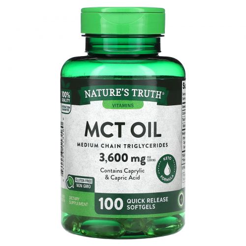 Nature's Truth, Vitamins, масло MCT, 1200 мг, 100 капсул быстрого высвобождения