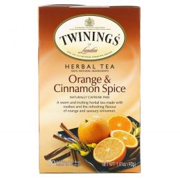 Twinings, Чай из трав, со вкусом апельсина и корицы, без кофеина, 20 отдельных пакетиков, 40 г