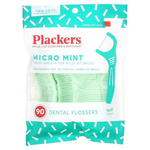 Plackers, Micro Mint, зубочистки с нитью, мята, 90 шт.