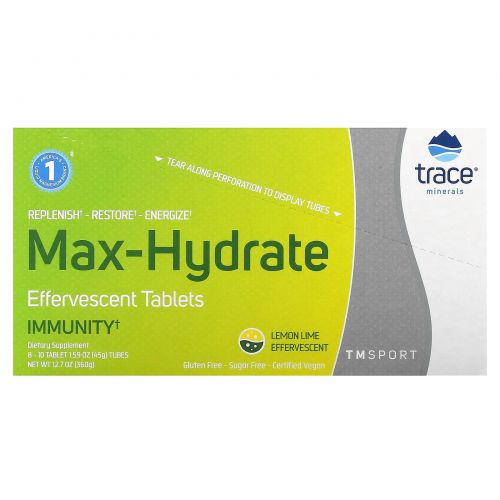 Trace Minerals ®, TM Sport, Max-Hydrate Immunity, шипучие таблетки для поддержки иммунитета, со вкусом лимона и лайма, 8 упаковок по 10 таблеток в каждой