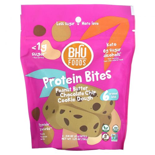 BHU Foods, Protein Bites, арахисовая паста, тесто для шоколадного печенья, 6 порций, 25 г (0,88 унции)