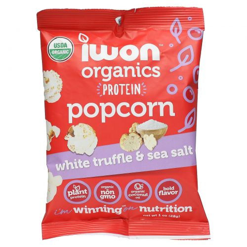 IWON Organics, Органический протеин, попкорн, белые трюфели и морская соль, 8 пакетиков по 28 г (1 унция)