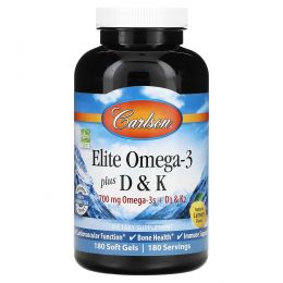 Carlson, Elite Omega-3 с витаминами D и K, натуральный вкус лимона, 180 мягких таблеток