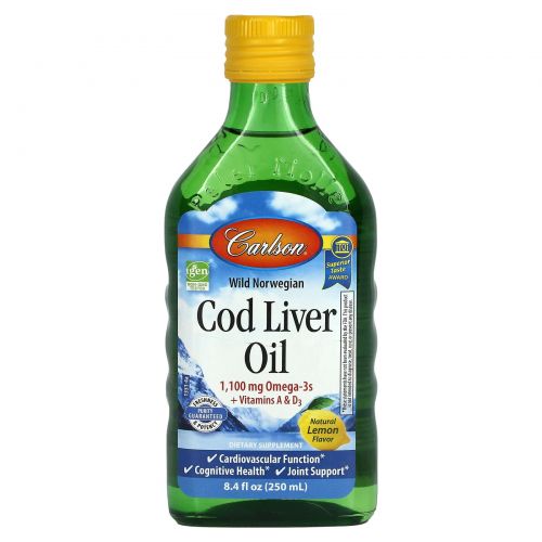 Carlson Labs, Wild Norwegian Cod Liver Oil, Natural Lemon Flavor, 8.4 fl oz (250 ml)