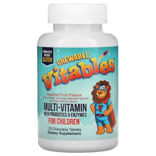 Vitables, Жевательные мультивитамины с пробиотиками и ферментами для детей, фруктовое ассорти, 120 вегетарианских таблеток