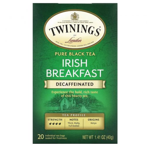 Twinings, "Ирландский завтрак", 100% чистый черный чай, декофеинизированный, 20 чайных пакетиков по 1,41 унции (40 г)
