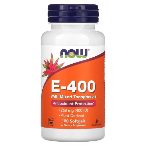 NOW Foods, E-400 со смешанными токоферолами, 268 мг (400 МЕ), 100 мягких таблеток