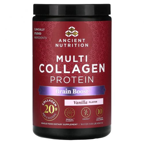 Ancient Nutrition, Multi Collagen Protein, Brain Boost, ваниль, 454,5 г (1 фунт)