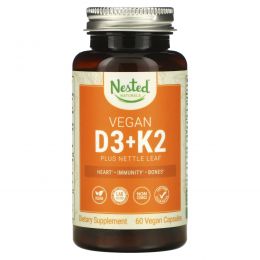 Nested Naturals, Веганские витамины D3 + K2 и листья крапивы, 60 веганских капсул