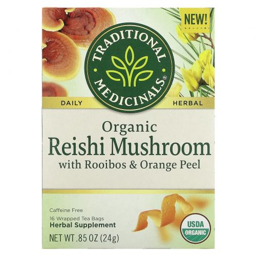 Traditional Medicinals, Organic Reishi Mushroom with Rooibos & Orange Peel, Caffeine Free, 16 Wrapped Tea Bags, .85 oz (24 g)