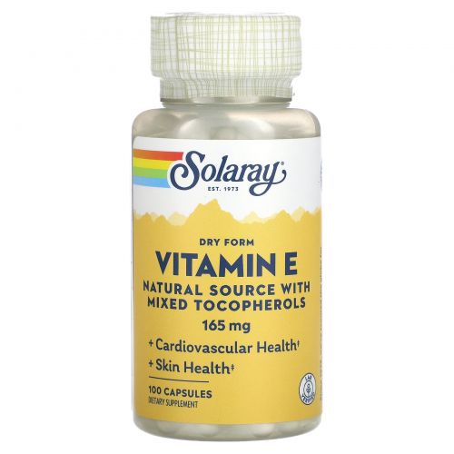 Solaray, Витамин E в сухой форме, натуральный источник со смешанными токоферолами, 165 мг, 100 капсул