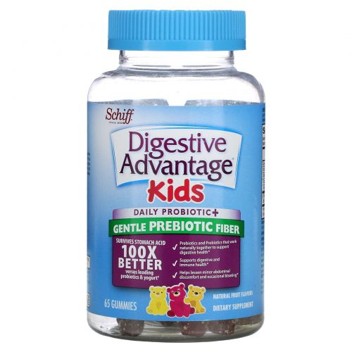 Schiff, Digestive Advantage Kids, Daily Probiotic + Gentle Prebiotic Fiber, Natural Fruit Flavors, 65 Gummies