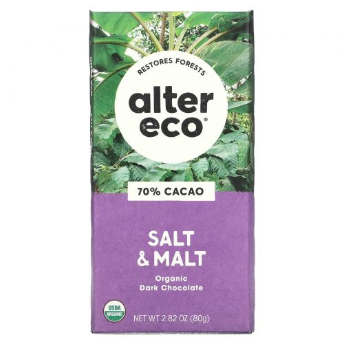 Alter Eco, органический темный шоколад, с солью и солодом, 70% какао, 80 г (2,82 унции)