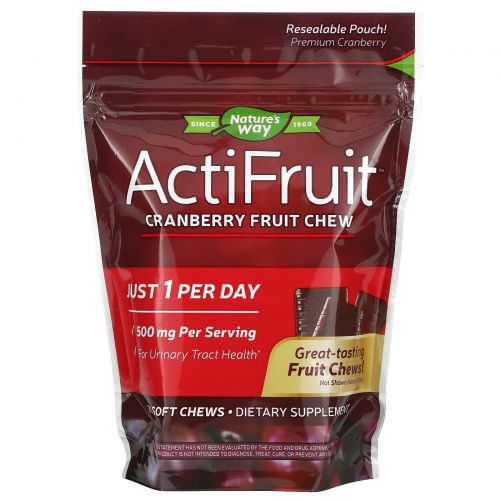 Nature's Way, ActiFruit, жевательные таблетки со вкусом клюквы, 500 мг, 20 мягких жевательных таблеток