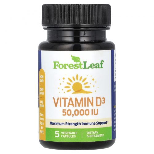Forest Leaf, витамин D3, 1250 мкг (50 000 МЕ), 5 растительных капсул