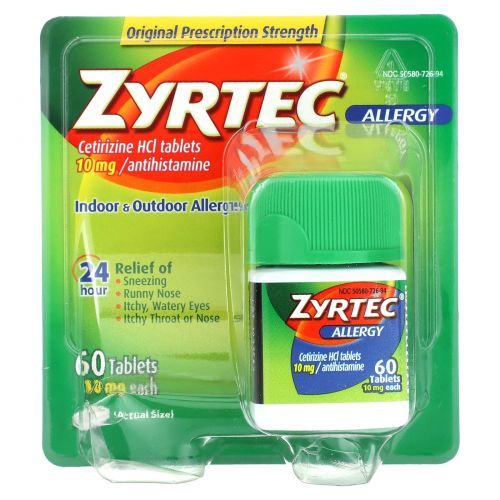 Zyrtec, Allergy, цетиризин гидрохлорид, 10 мг, 60 таблеток