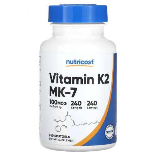 Nutricost, Витамин K2 MK-7, 100 мкг, 240 мягких таблеток