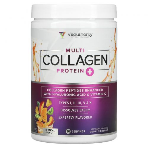 Vitauthority, Multi Collagen Protein Plus Vitamin C, гиалуроновая кислота, тропический пунш, 282 г (9,9 унции)