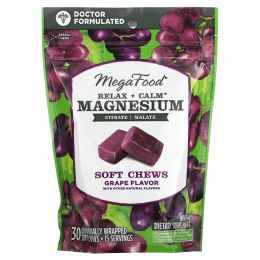 MegaFood, Relax + Calm Magnesium Soft Chews, Grape, 30 Individually Wrapped Soft Chews