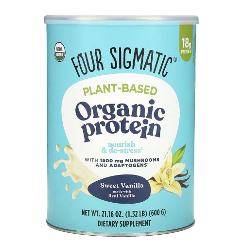 Four Sigmatic, Органический протеин на растительной основе с грибами и адаптогенами, сладкая ваниль, 600 г (1,32 фунта)