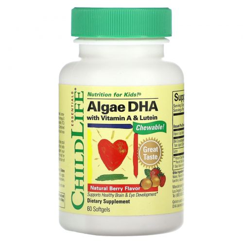 ChildLife Essentials, ДГК из водорослей с витамином А и лютеином, натуральные ягоды, 60 мягких таблеток