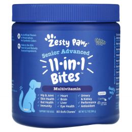 Zesty Paws, Advanced 11 в 1 Multifunctional Bites, улучшенная формула для взрослых собак, со вкусом курицы, 90 жевательных таблеток