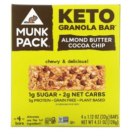 Munk Pack, Keto Granola, батончики с миндальным маслом и какао, 4 батончика по 32 г (1,12 унции)