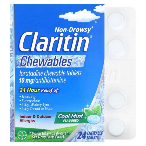 Claritin, Не вызывает сонливости, жевательные таблетки, с прохладной мятой, 10 мг, 24 жевательные таблетки