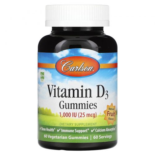 Carlson Labs, Vitamin D3 Gummies, Natural Fruit Flavors, 1,000 IU, 60 Gummies