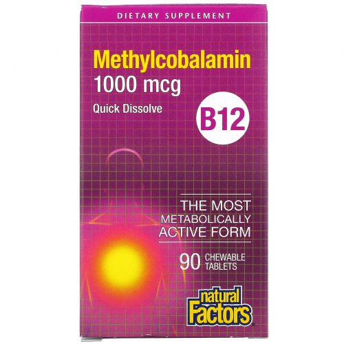 Natural Factors, B12 метилокобаламин, 1000 mcg, 90 жевательных таблеток