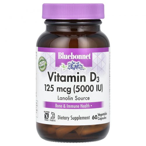 Bluebonnet Nutrition, Vitamin D3, 5,000 IU, 60 Vegetable Capsules