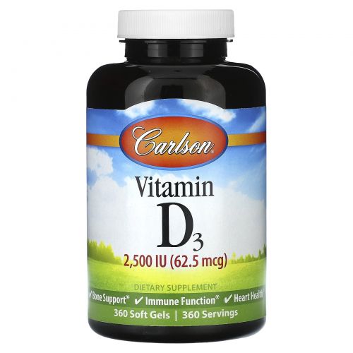 Carlson, Витамин D3, 62,5 мкг (2500 МЕ), 360 мягких таблеток
