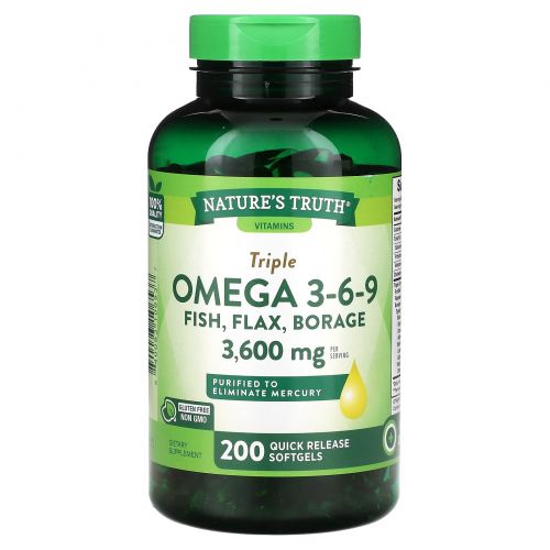 Nature's Truth, Vitamins, Triple Omega 3-6-9, рыба, лен, бурачник, 1200 мг, 200 капсул быстрого действия