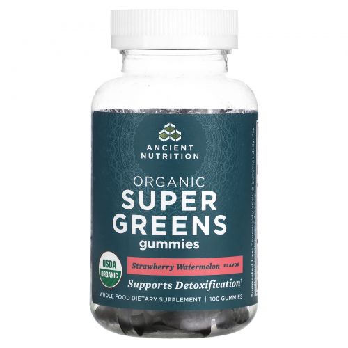 Ancient Nutrition, Organic Super Greens, жевательные таблетки с органической зеленью, со вкусом клубники и арбуза, 100 жевательных таблеток