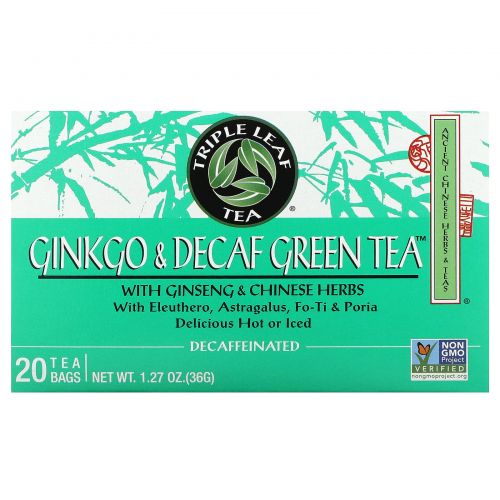 Triple Leaf Tea, Зеленый чай гинкго без кофеина, 20 пакетиков, 40 г