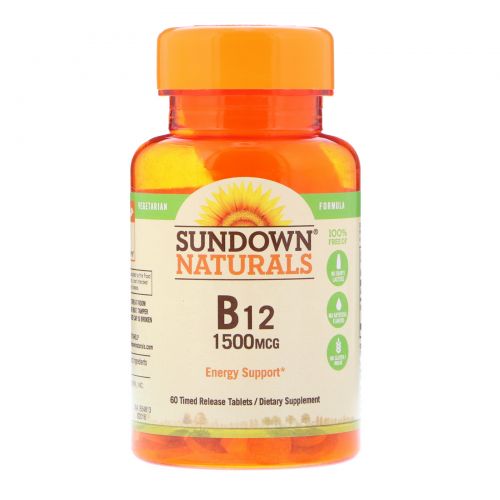 Sundown Naturals, Высокоактивный B12 с отсроченным высвобождением, 1500 мкг, 60 таблеток