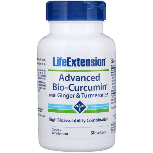 Life Extension, Обогащенный био-куркумин, с имбирем и турмеронами, 30 желатиновых капсул