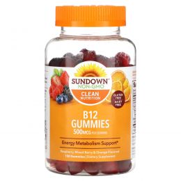 Sundown Naturals, жевательный витамин B12, со вкусом малины, ягод и апельсина, 250 мкг, 150 жевательных таблеток