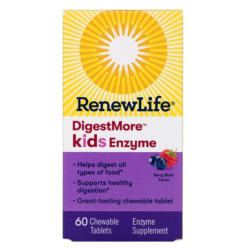 Renew Life, "Разумное пищеварение", пищевая добавка с ферментами для детей, со вкусом ягодного взрыва, 60 жевательных таблеток