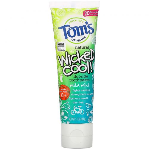 Tom's of Maine, Wicked Cool!, Natural Fluoride Toothpaste, Kids 8+, Wild Mint, 5.1 oz (144 g)