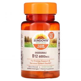 Sundown Naturals, B12, максимальная эффективность, натуральный вишневый вкус, 6000 мкг, 60 мини-леденцов