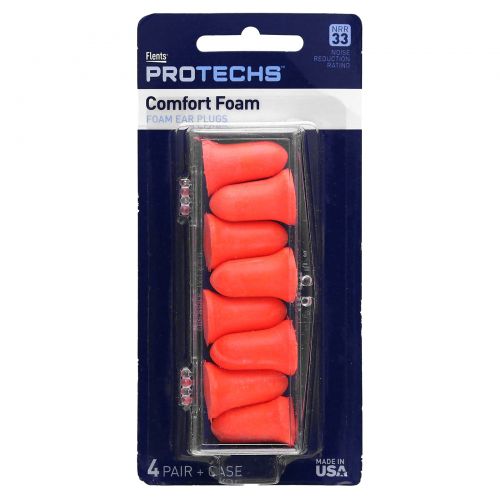 Flents, Protechs, Comfort Foam, беруши из поролона, 4 пары в футляре