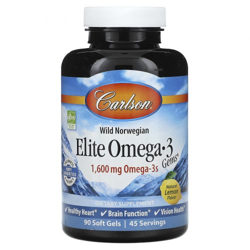 Carlson, Wild Norwegian Elite Omega-3, натуральный лимон, 1600 мг, 90 мягких таблеток
