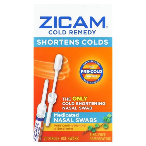 Zicam, Средство от простуды, лечебные мазки из носа, 20 одноразовых тампонов