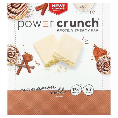 BNRG, Power Crunch, протеиновый энергетический батончик, булочка с корицей, 12 батончиков по 40 г (1,4 унции)