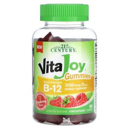 21st Century, VitaJoy жевательные мармеладки, витамин B12, с малиной повышенной силы, 1500 мкг, 90 жевательных таблеток