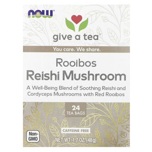 NOW Foods, чай с грибами ройбуш и рейши, без кофеина, 24 чайных пакетика, 48 г (1,7 унции)