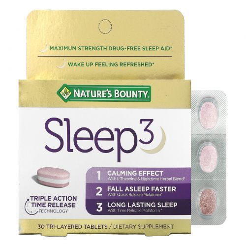 Nature's Bounty, Sleep 3, средство для снятия максимальной эффективности, без наркотиков, 30 трехслойных таблеток