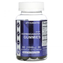 Vitamatic, Веганская ашваганда, натуральная вишня, 750 мг, 60 жевательных таблеток