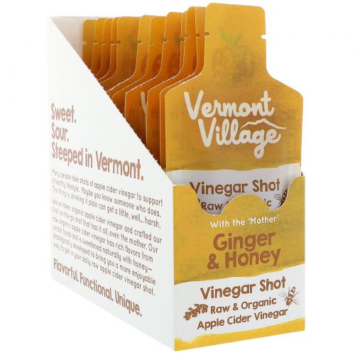 Vermont Village Vinegar Shots, Органический, шот с яблочным уксусом, имбирь и мед, 12 саше, по 28 г каждое